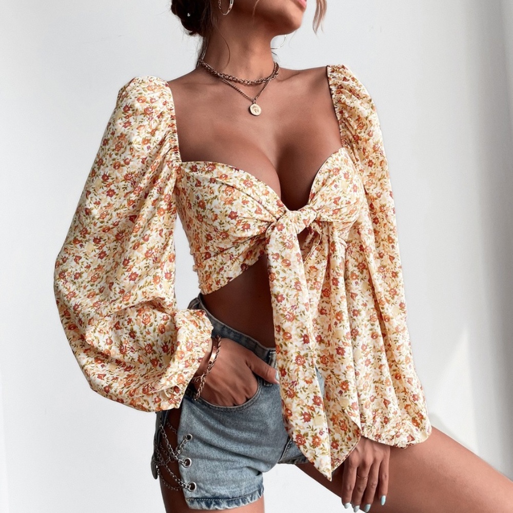Boho Orange Floral Print Front Tie Puff Sleeve Top - Picture 3 of 5